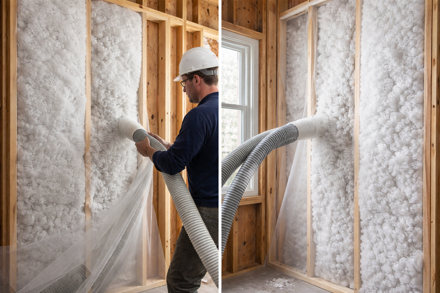 Man spraying insulation into a wall cavity during construction.