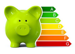 A green piggy bank is next to an energy efficiency chart