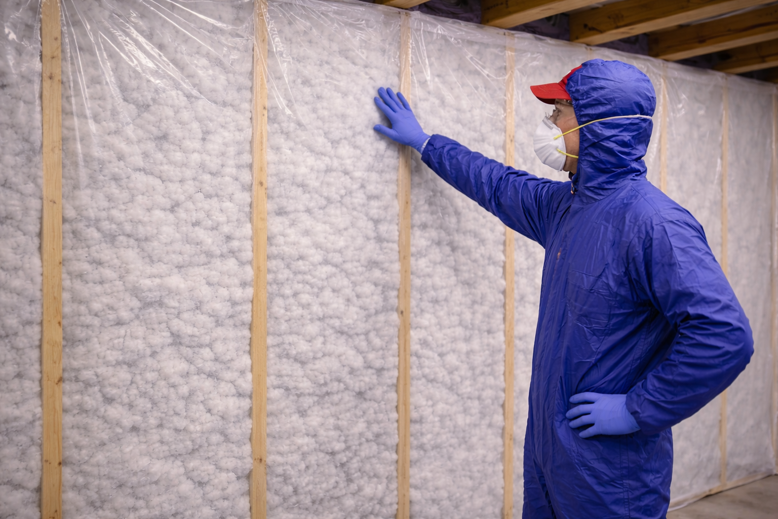 Person in protective suit inspecting wall insulation. White fluffy insulation between wooden studs, covered by plastic sheeting.