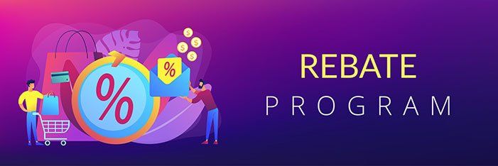A banner for a rebate program with people standing around a percentage sign.