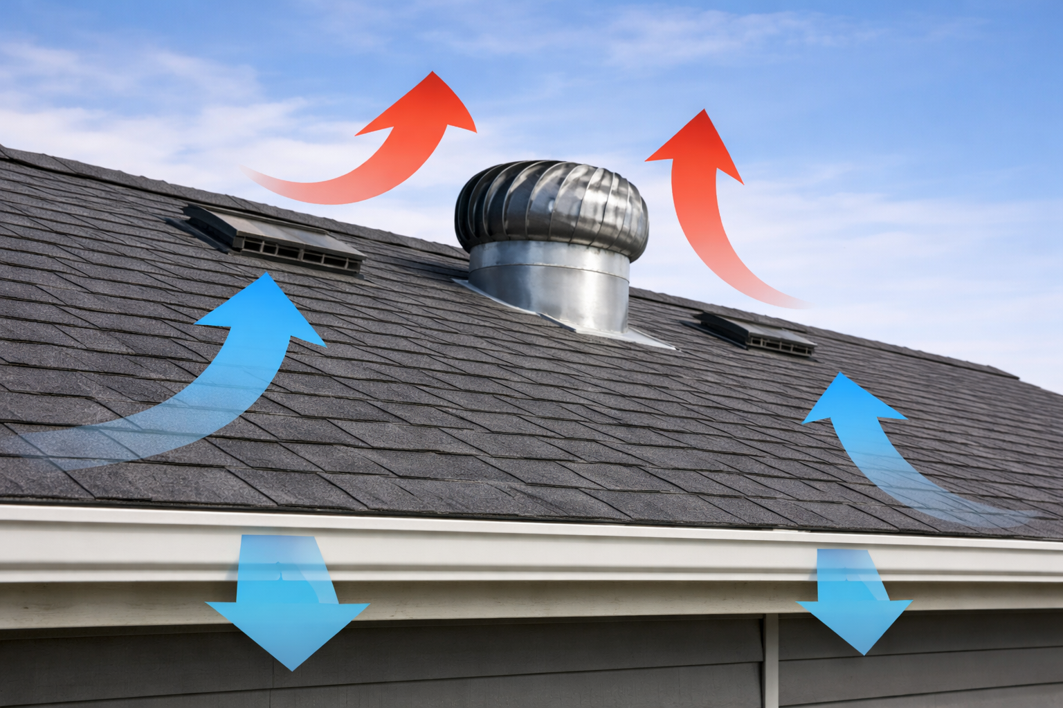 Arrows show airflow: cooler air drawn in from eaves, warmer air vented through roof turbine and vents.
