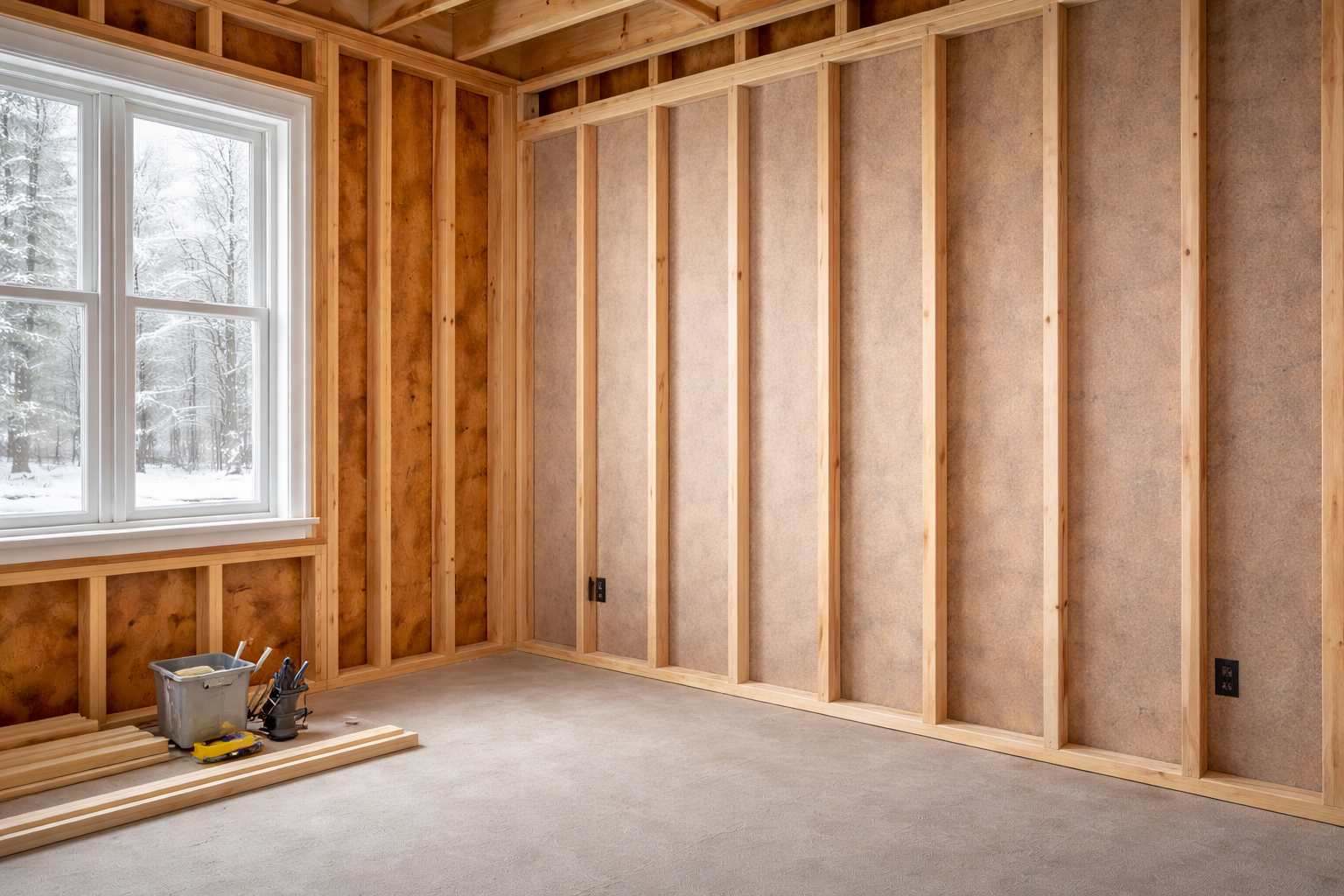 Interior of a room under construction, with wooden studs, window, and new carpet.