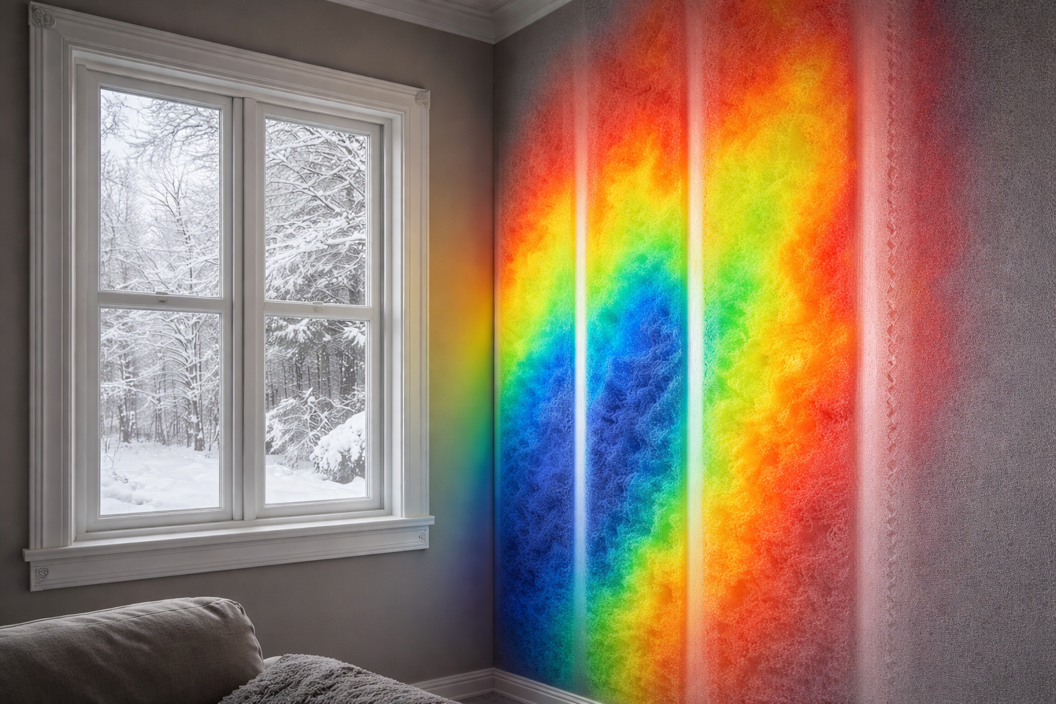 A window in a room shows a snowy forest. Thermal imaging shows heat loss from poor insulation during winter.