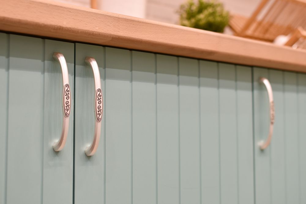 A close up of a kitchen cabinet with a plant in the background.