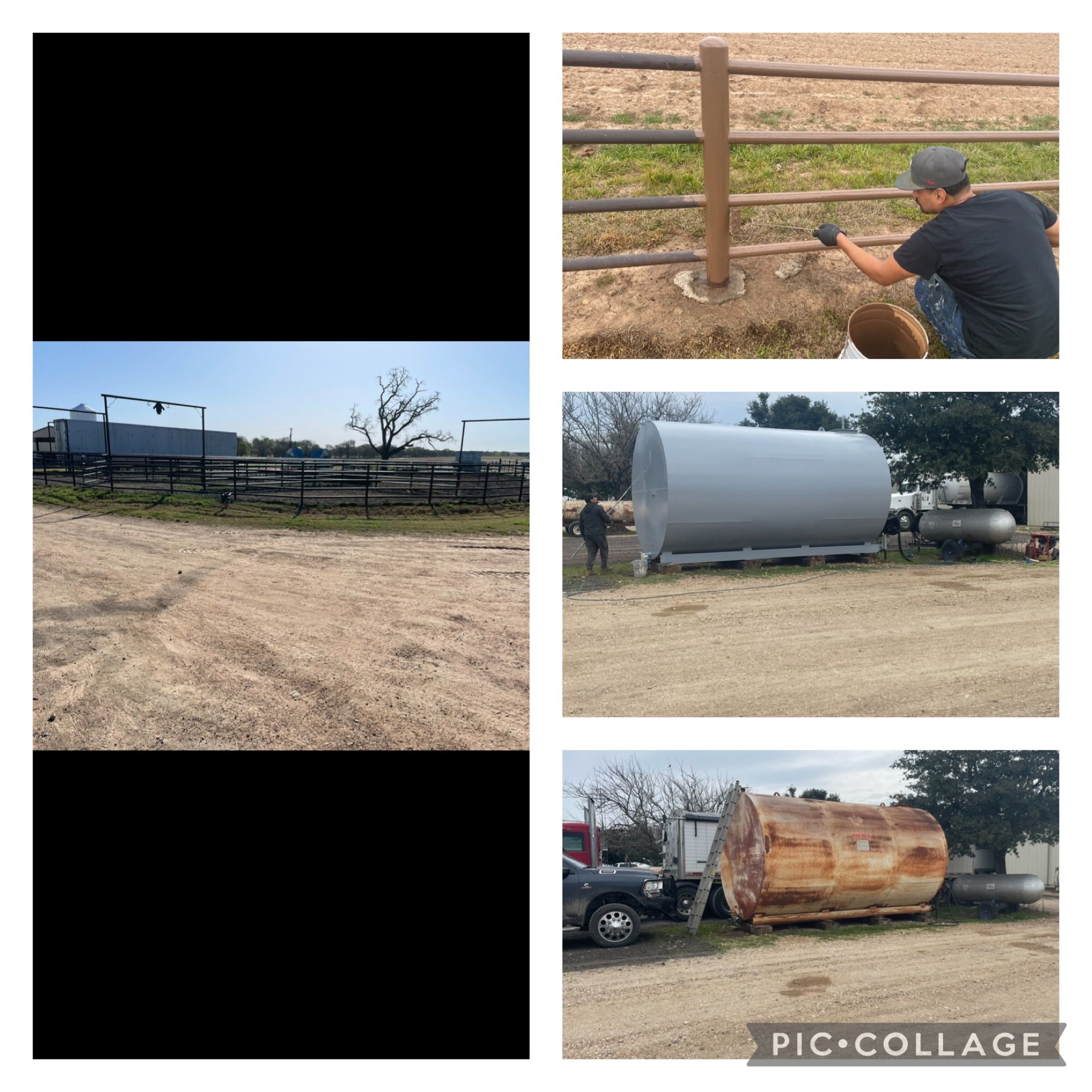 A man is working on a fence next to a large tank
