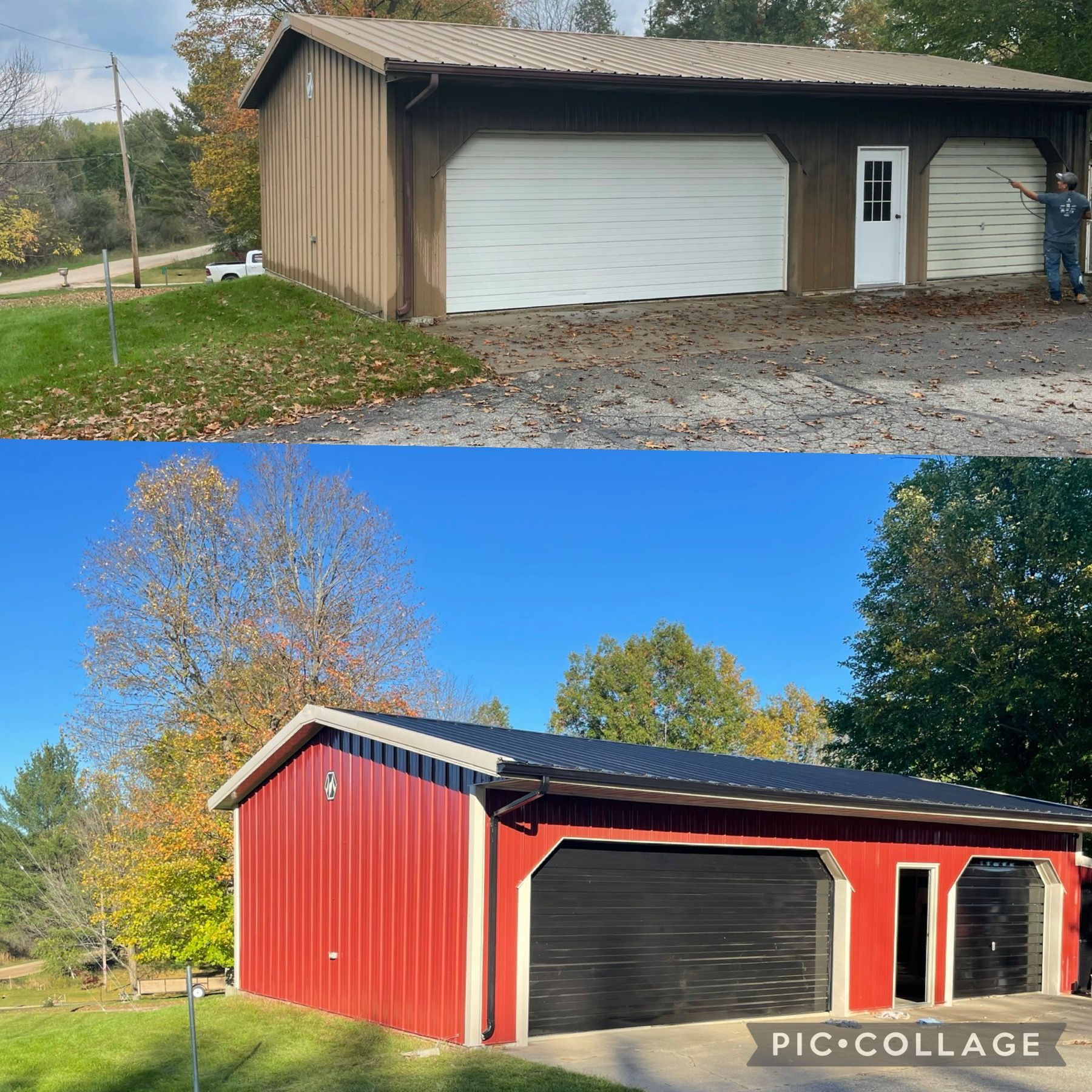 A before and after photo of a red garage
