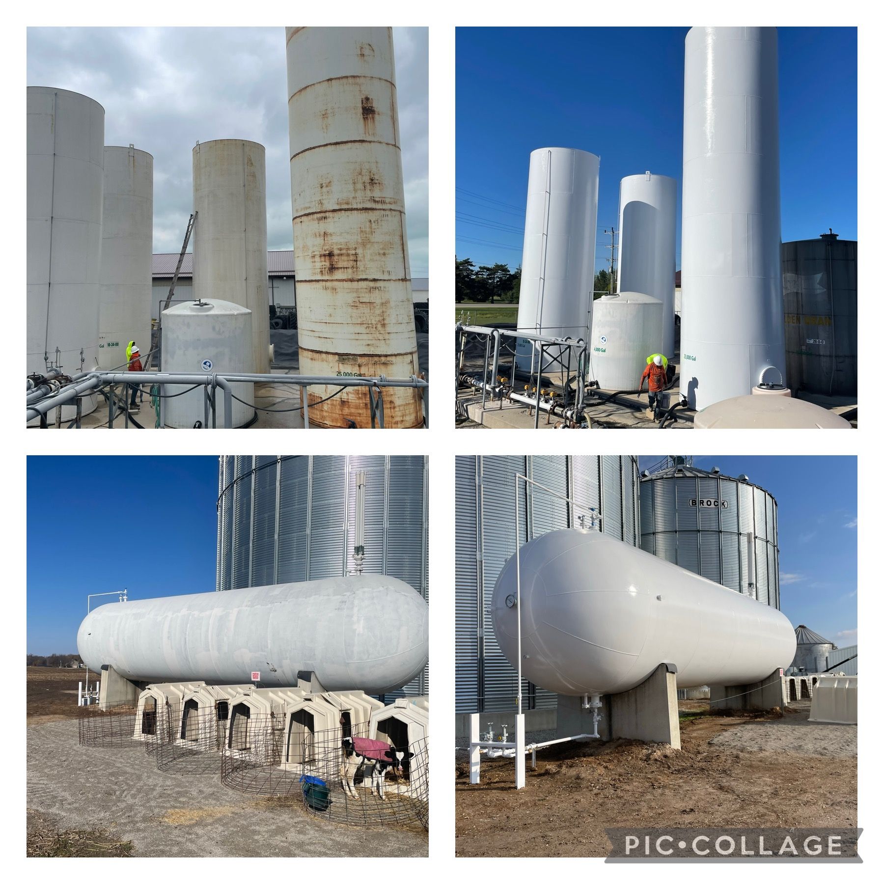 A collage of four pictures of a large white tank