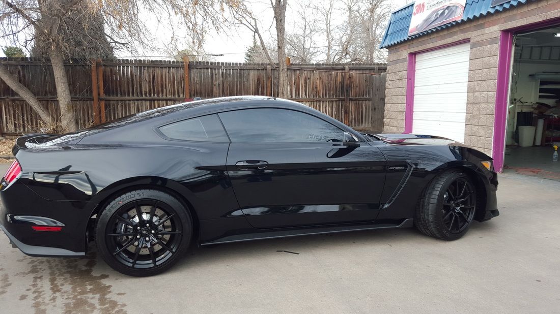 A black mustang is parked in front of a garage.
