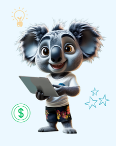Cute cartoon koala holding a tablet, with lightbulb, stars, and dollar icons on a white background