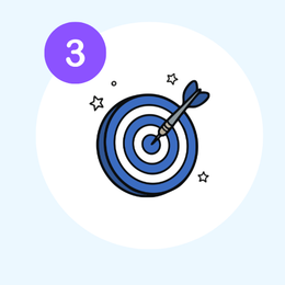 Blue target with an arrow hitting the center, marked with a purple circle labeled 3.