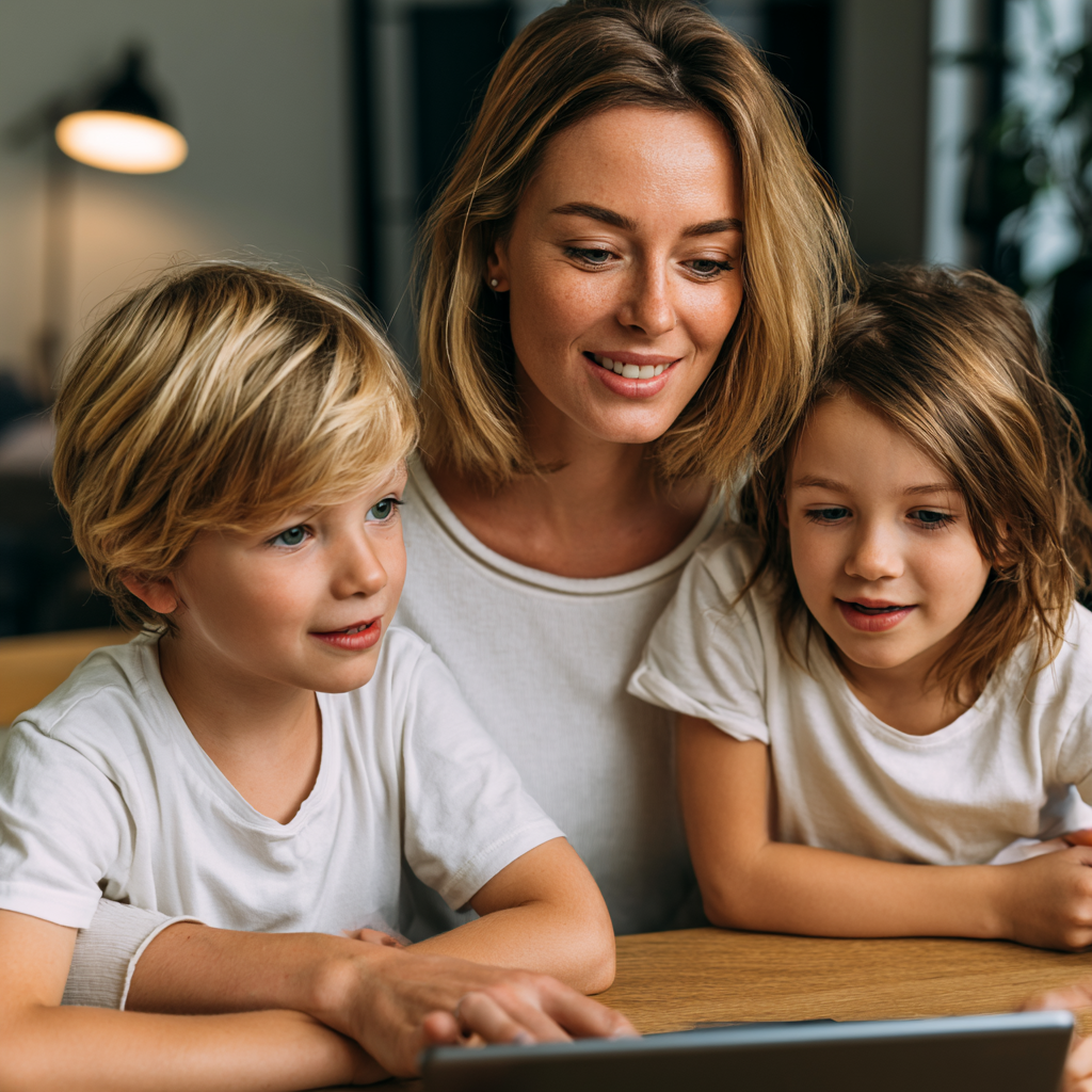 Woman and two children smiling while using a laptop at a table