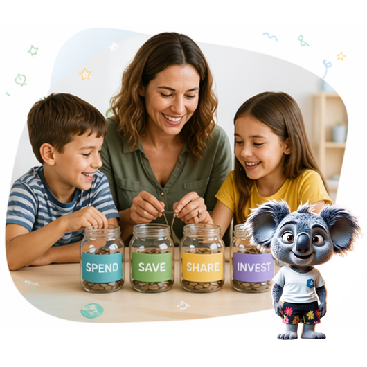 Woman and two children at a table with jars labeled spend, save, share, and invest; cartoon koala mascot beside them