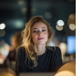 Woman seated at a laptop in a softly lit office, looking at the camera with blurred lights behind her