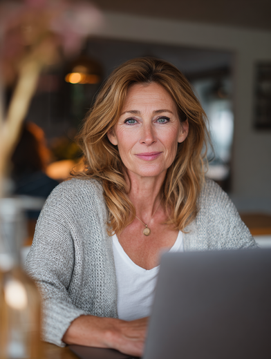 Woman sitting at a laptop in a softly lit home interior, wearing a gray cardigan and white top
