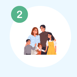 Family of five posing together in a circular frame with a green number 2 badge in the corner