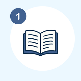 Blue open-book icon inside a white circle with a small “1” badge