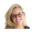 Smiling blonde woman wearing glasses against a white background