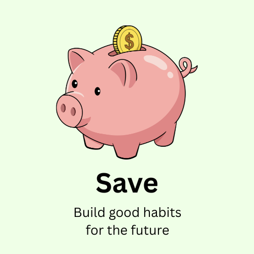 Pink piggy bank with a coin and the text “Save” and “Build good habits for the future”