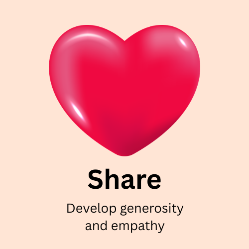 Pink heart icon above the word “Share” and the phrase “Develop generosity and empathy”
