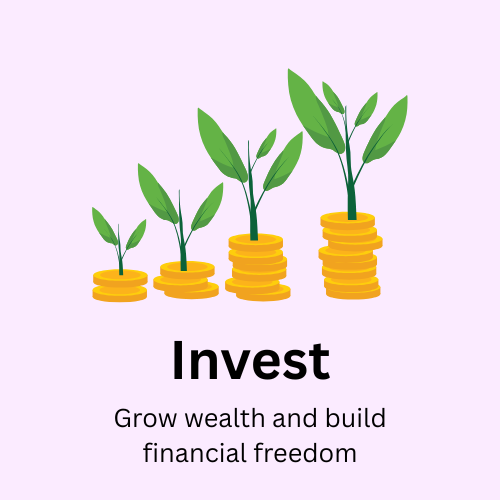 Coins with growing plants above them and the text “Invest” and “Grow wealth and build financial freedom”