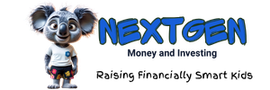 Logo with a smiling cartoon koala and the text “NEXTGEN MONEY” and “Raising Financially Smart Kids”