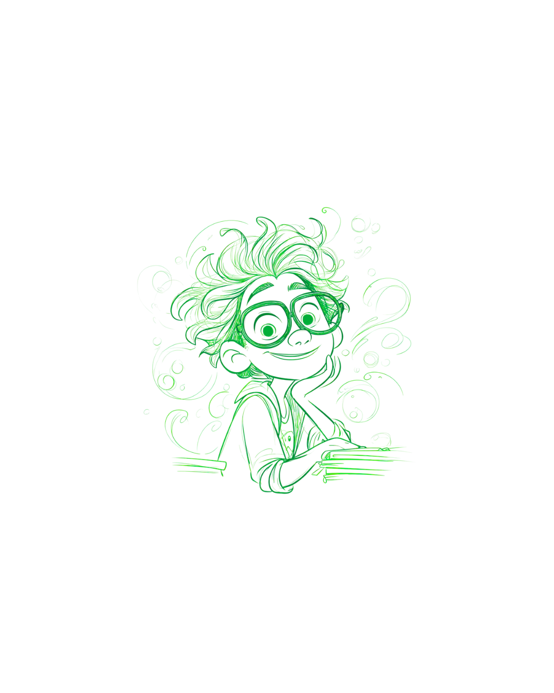 Green sketch of a smiling cartoon character with glasses, sitting and holding a paper