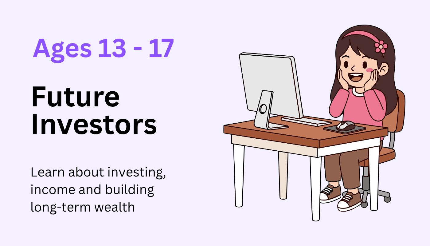 Teen investing promo with a smiling student at a desk and text: “Future Investors” and “Learn about investing, income and building long-term wealth.”