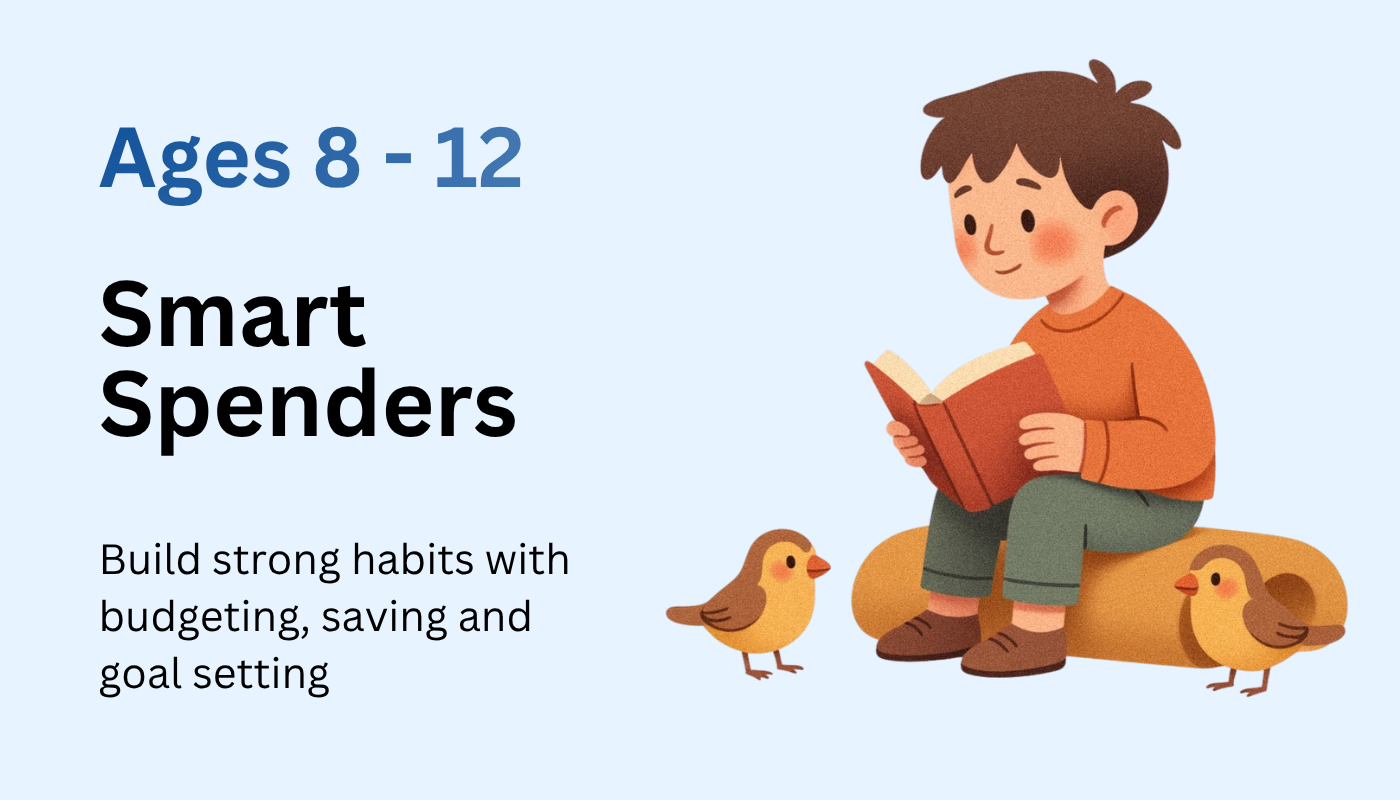 Smart Spenders poster with boy reading, two chicks, and text about budgeting, saving, and goal setting for ages 8–12