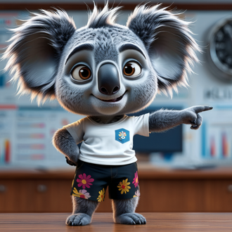 Cartoon koala in a white shirt and floral shorts, smiling and pointing in a lab setting