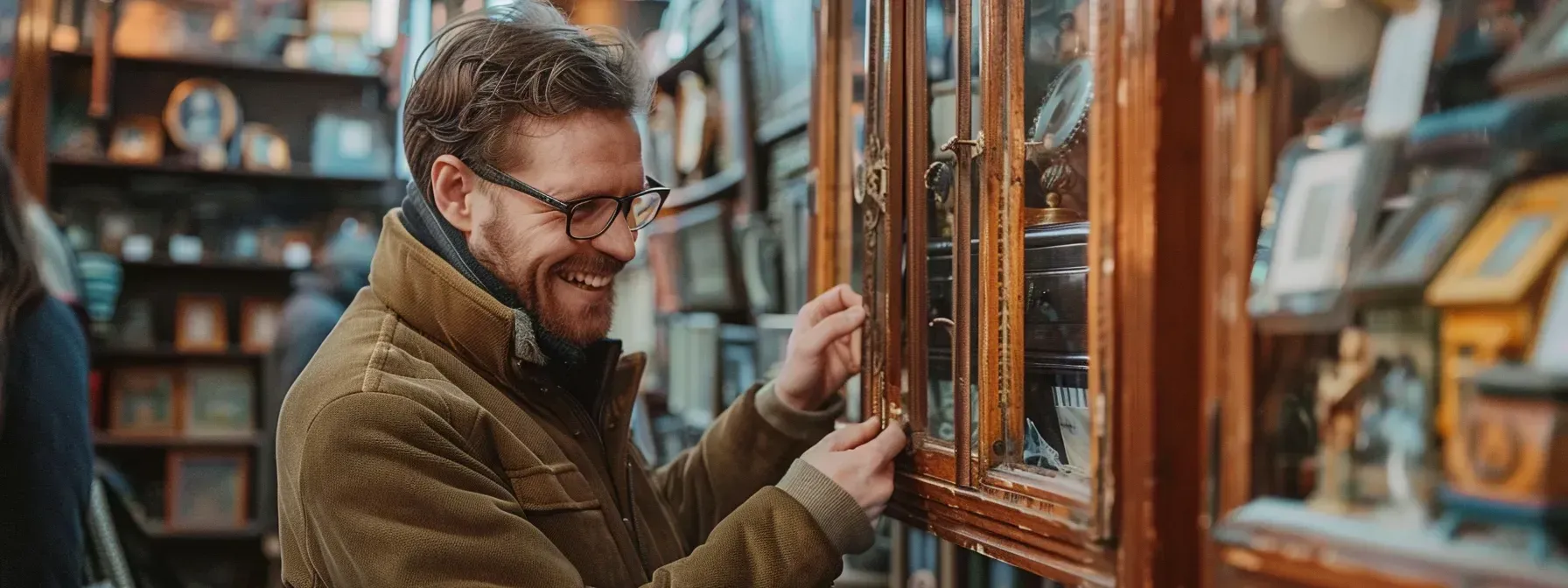 A man is looking through a bookcase in a library.