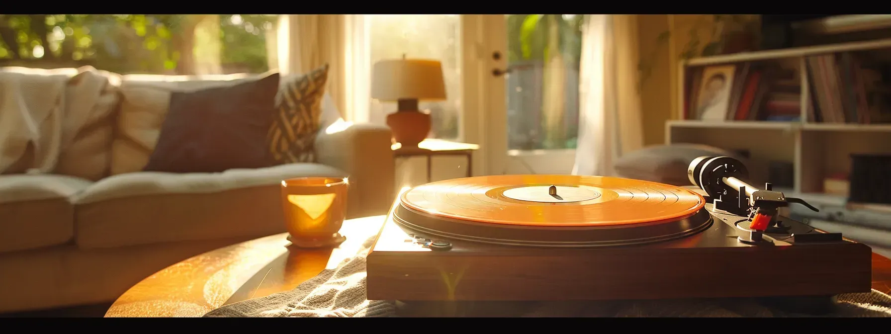 A record player is sitting on a table in a living room.