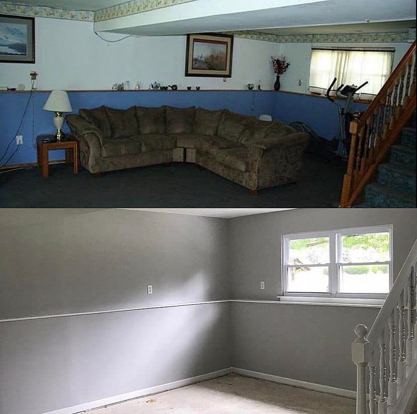 Before-and-after basement living room: furnished with brown sectional, then empty gray room with window and stairs.