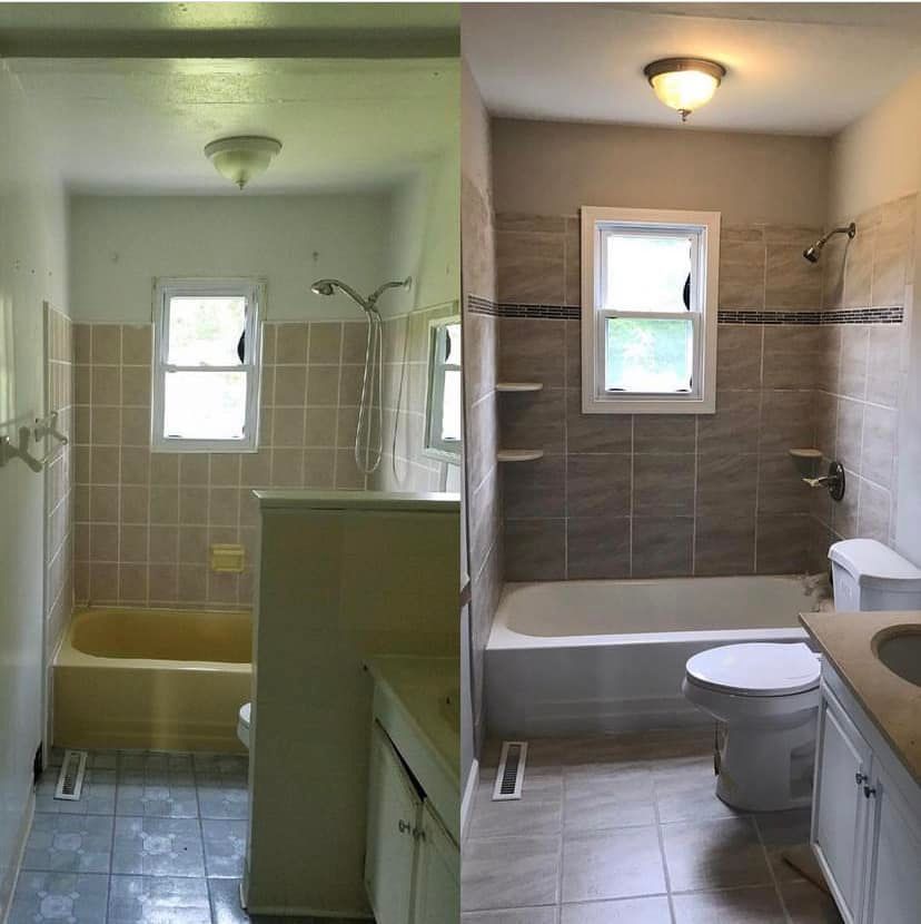 Side-by-side bathroom before-and-after: yellow tub/shower at left, remodeled gray tub and vanity at right.