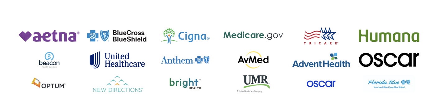Logos of various health insurance providers, including Aetna, Cigna, Humana, and Oscar.