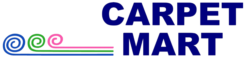 Logo for Carpet Mart featuring blue text and three stylized, swirling carpet rolls in blue, green, and pink.