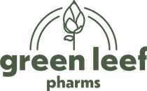 The logo for green leaf pharmas shows a plant with a leaf on it.