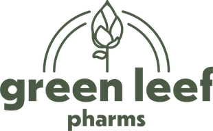 The logo for green leaf pharmas shows a plant with a leaf on it.