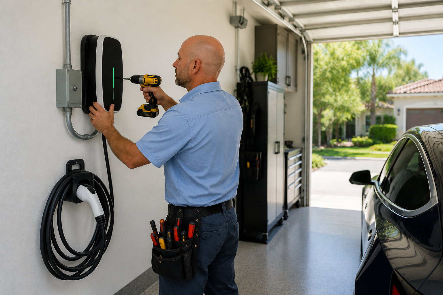 Electrician installing a Level 2 EV charging station in a Monarch Beach CA garage