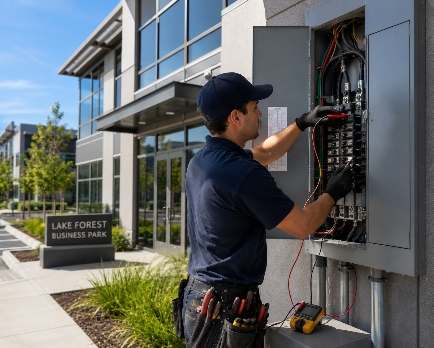Commercial electrician performing electrical maintenance at a Lake Forest business