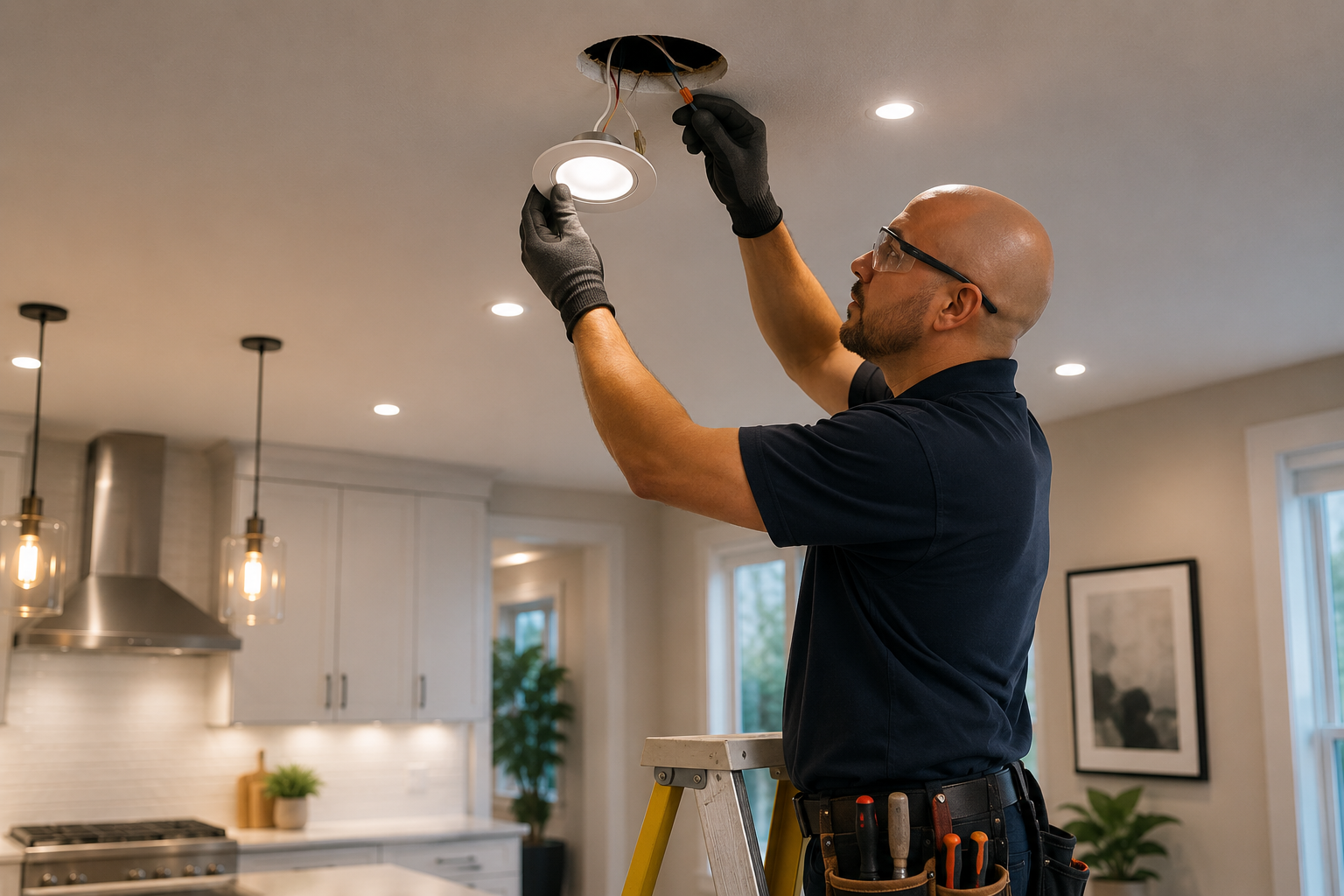 Electrician rewiring modern recessed lighting in a Rancho Santa Margarita CA living area
