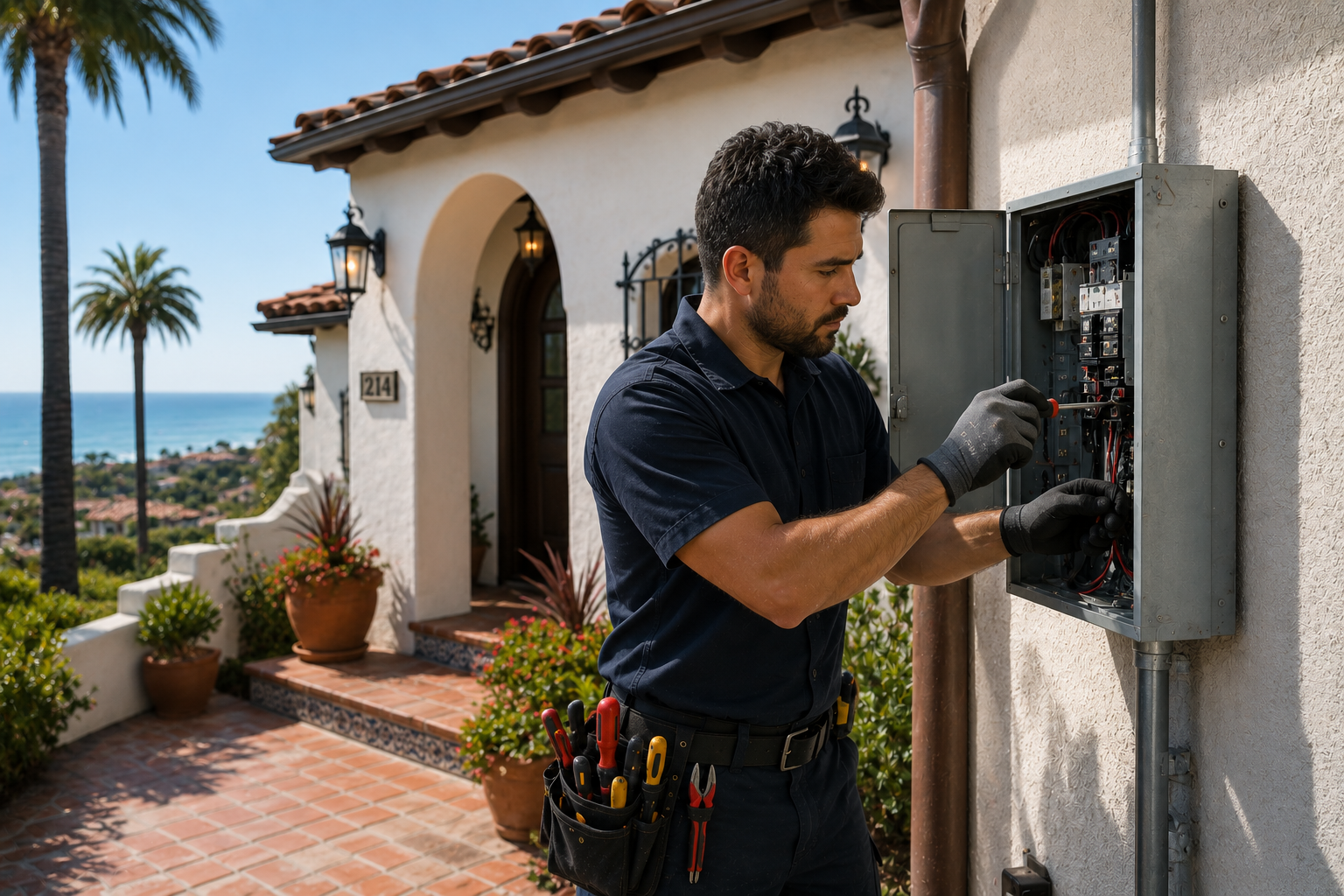 Electrician upgrading an exterior electrical panel in San Clemente CA