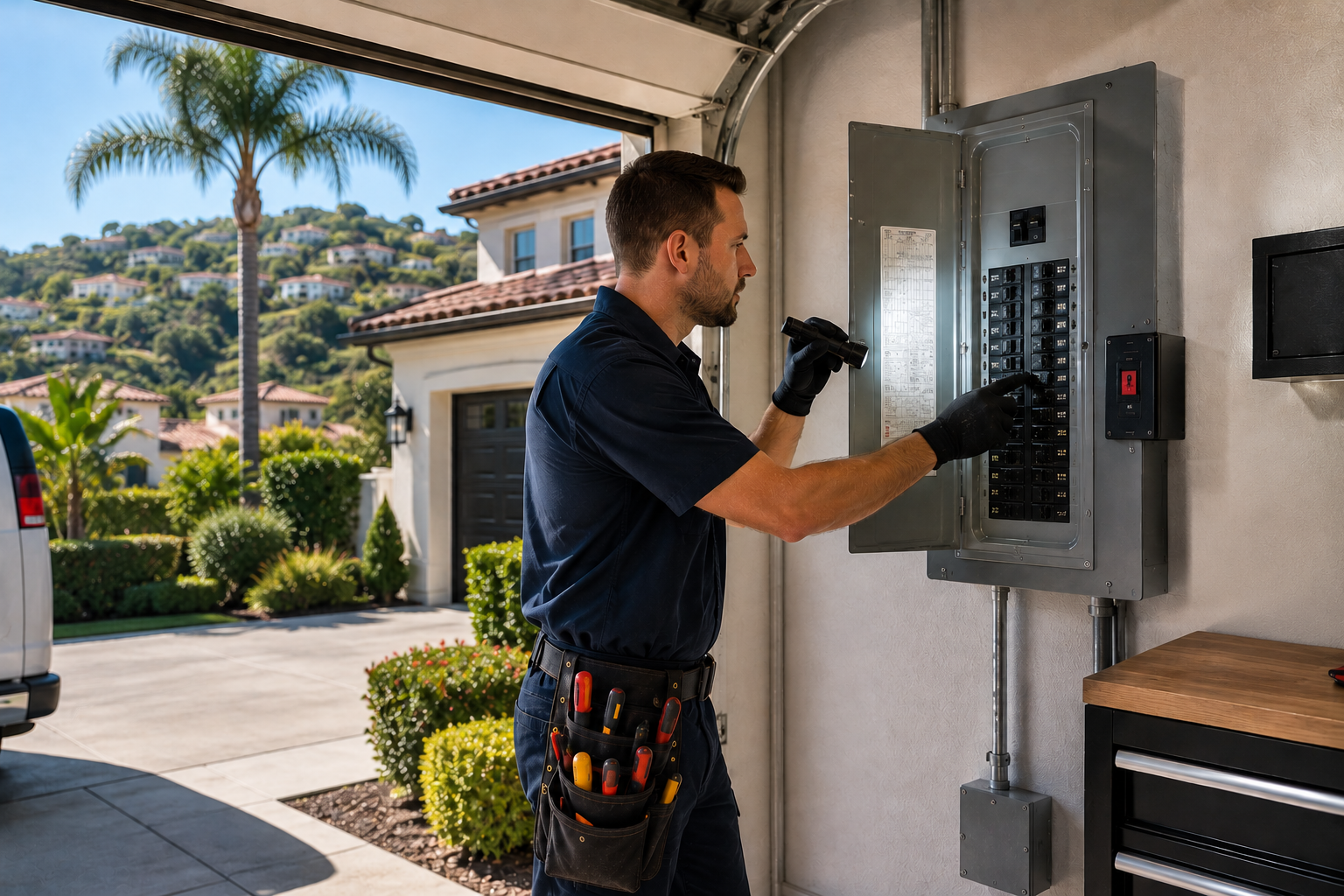 Electrician repairing an electrical panel inside a well-maintained Rancho Santa Margarita CA home
