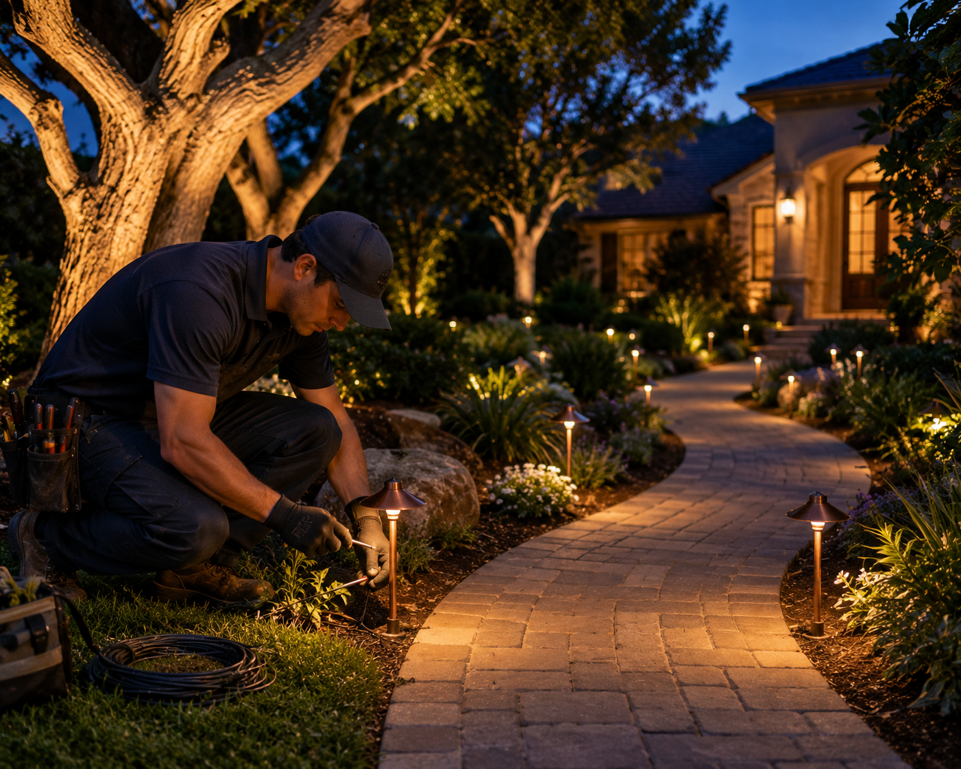 Electrician repairing exterior lighting on a residential property in Laguna Hills CA