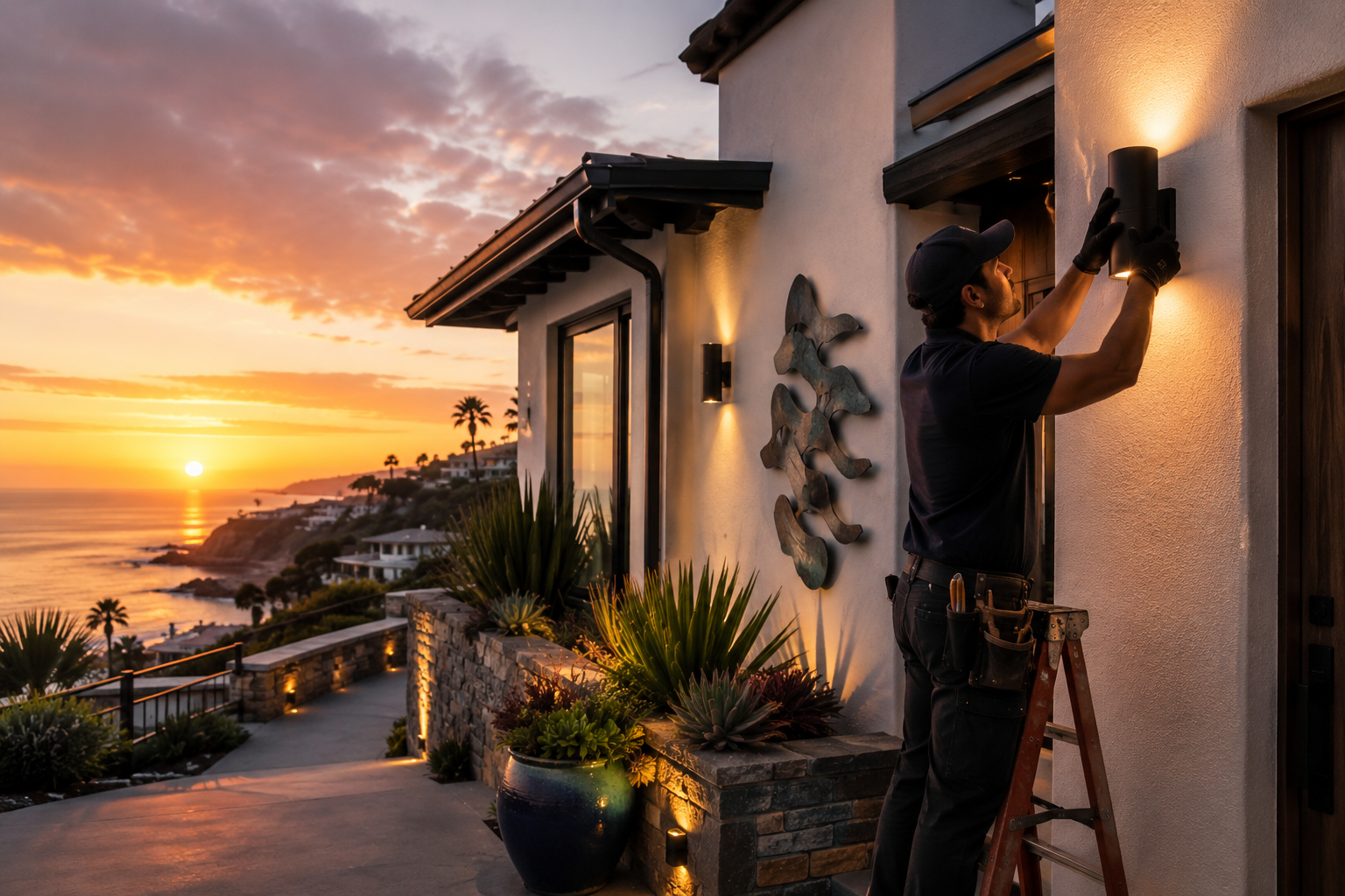 Electrician upgrading exterior lighting on a residential property in Laguna Beach CA