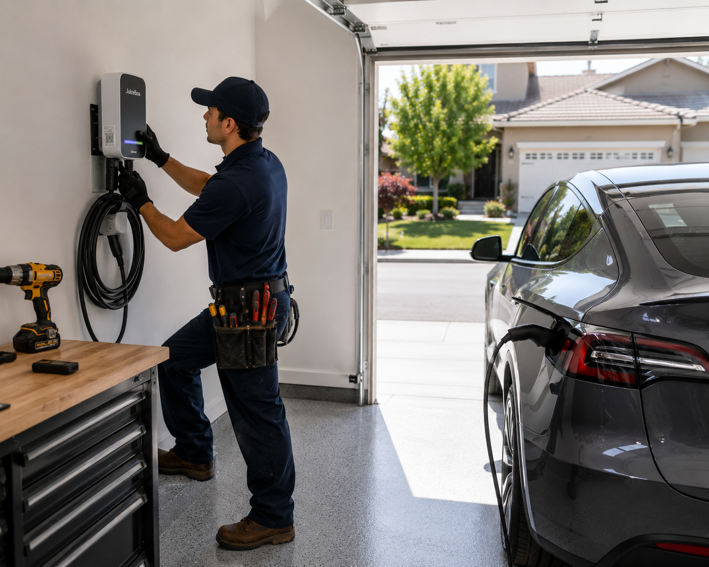 Electrician repairing EV charging station in a Rancho Santa Margarita CA garage
