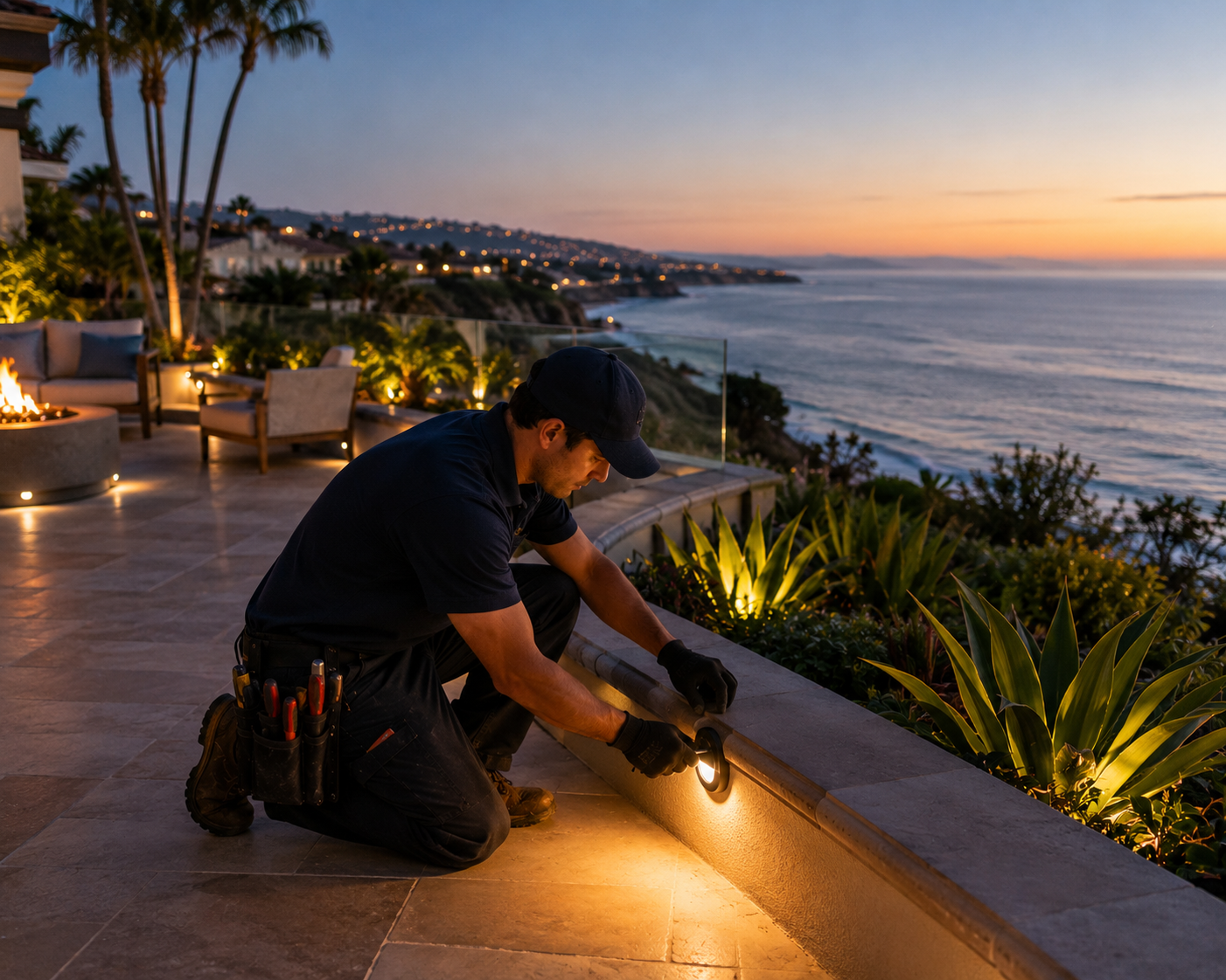Electrician installing exterior lighting on a residential property in Monarch Beach