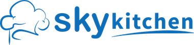 A blue and white logo for skykitchen with a chef 's hat