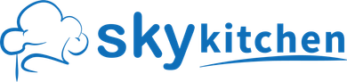 A blue and white logo for skykitchen with a chef 's hat