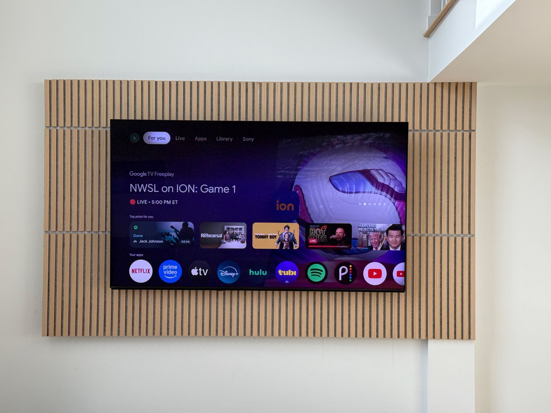 Flat-screen TV on a wooden panel, mounted on a light wall. Streaming service interface visible.