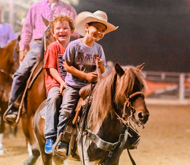 Two young boys are riding on the back of a brown horse